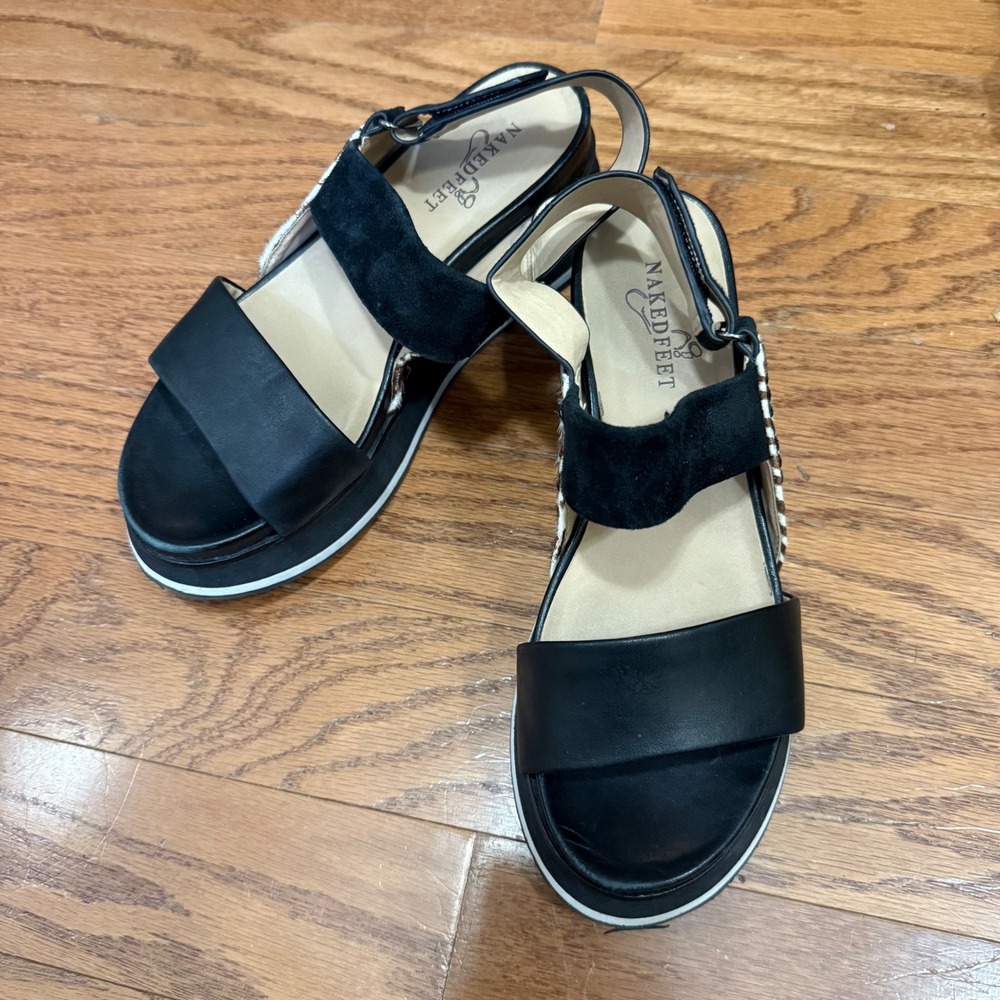 Naked Feet 7.5 Black Leather Zebra Print Dimension‎ Platform Wedge Sandals